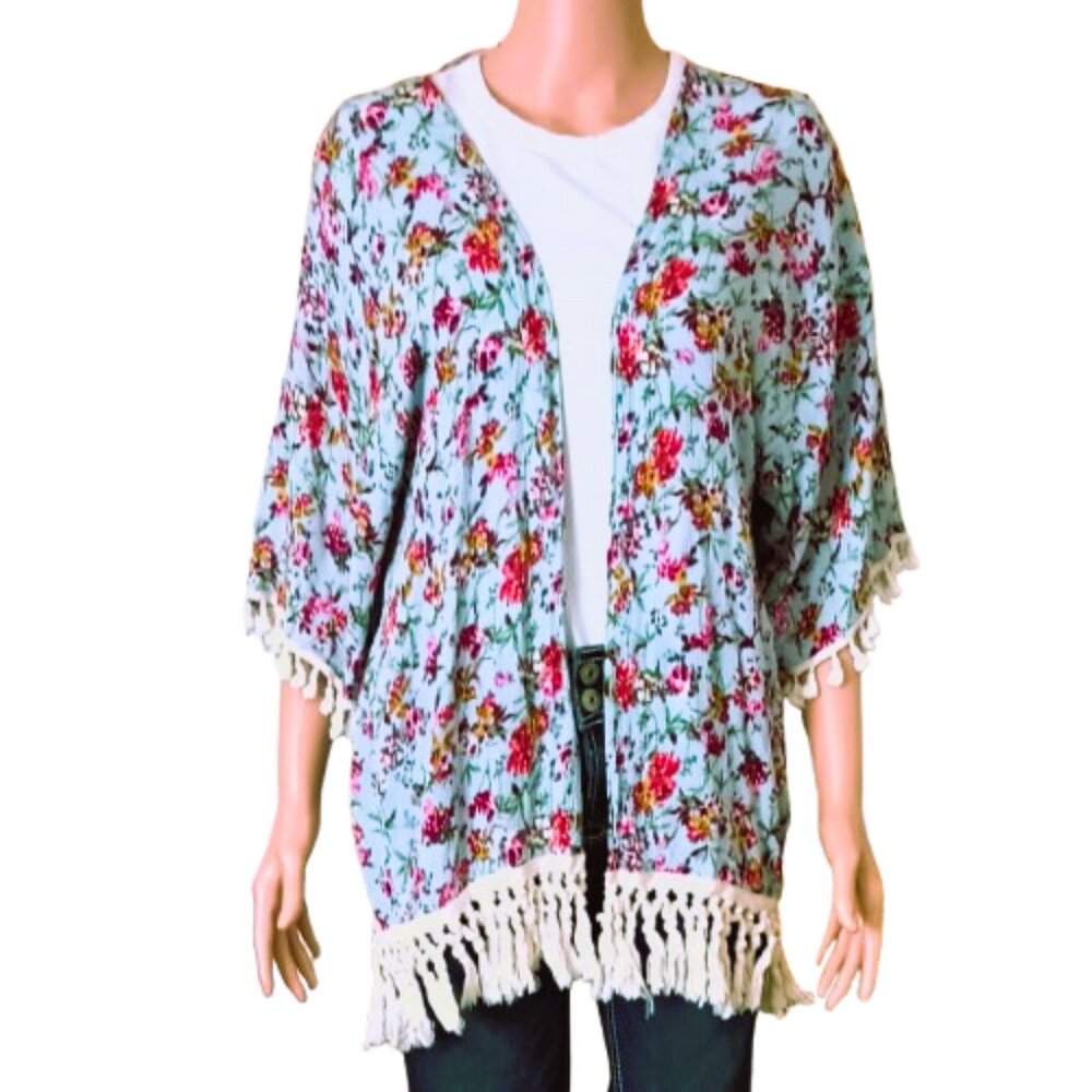 Kori America Boho Floral Kimono S/M Blue Pink White Fringe Open Front Overlay